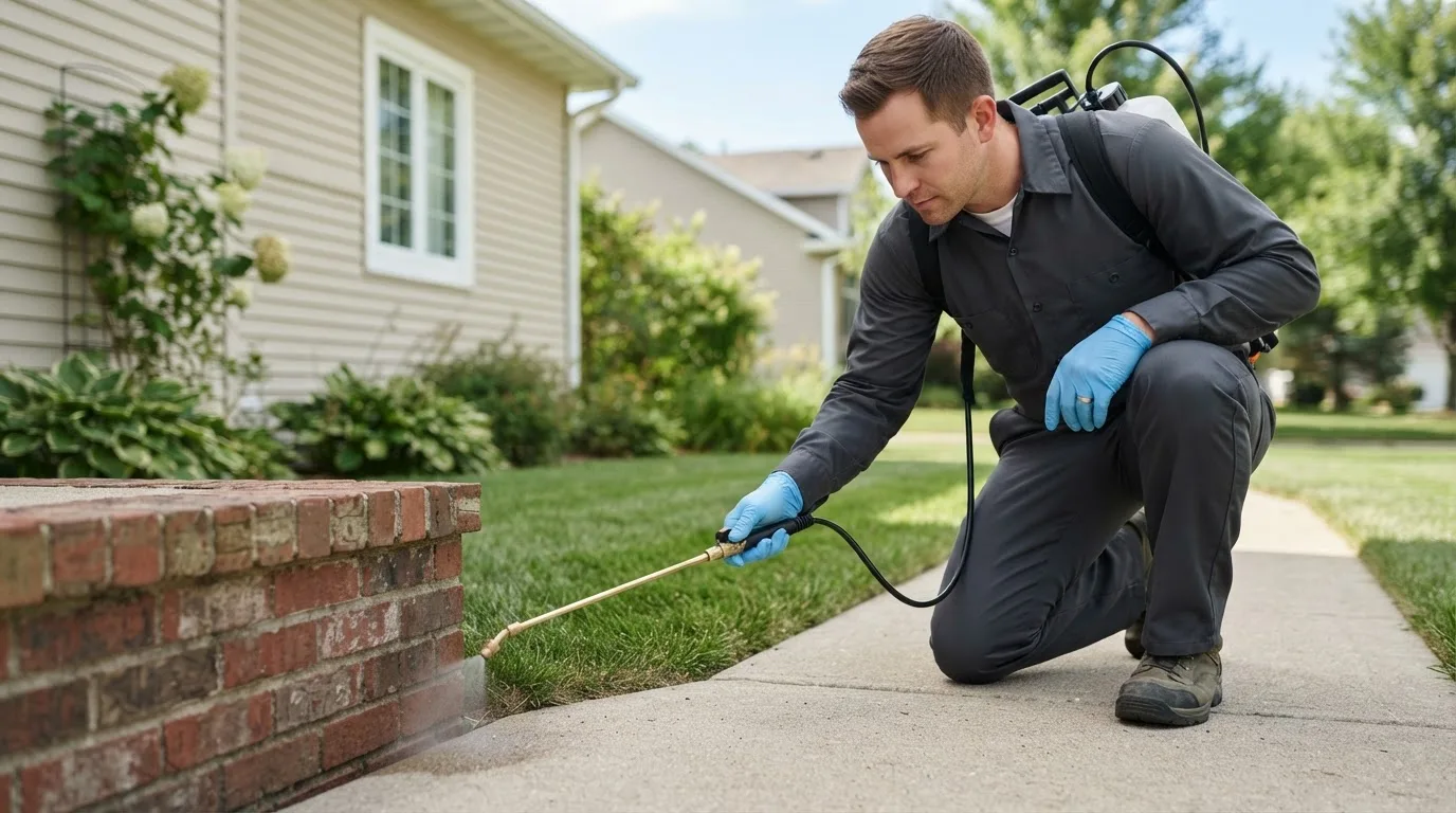 Pest control technician treating a home near Cando, ND